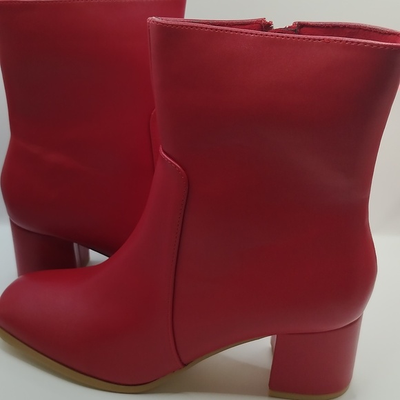 Allegra K Ankle Boots Square Toe Side Zip Block Heel Faux Leather RED Sz 7.5 NEW - Picture 9 of 16